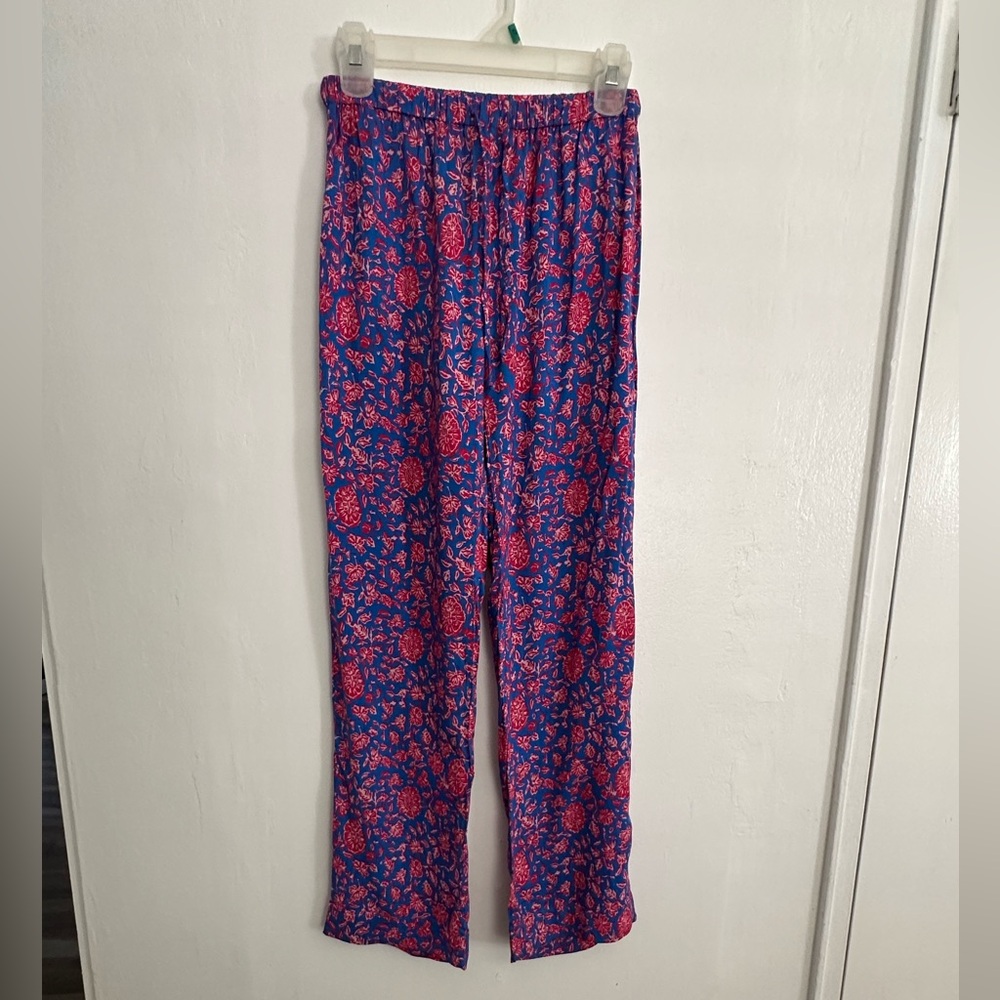 Natalie Martin full length pants floral print wide leg pants blue small $180 euc